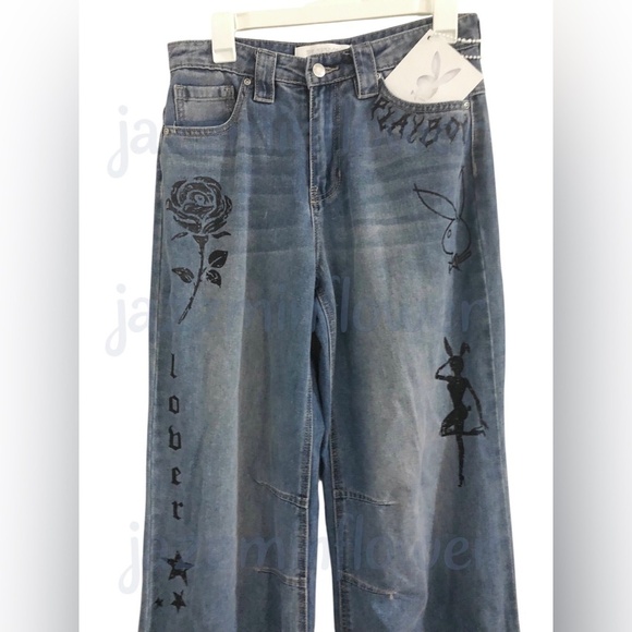 Playboy blue sinner lover‎ butterfly rose playboy bunny embroidered jeans size 7 - Picture 2 of 16